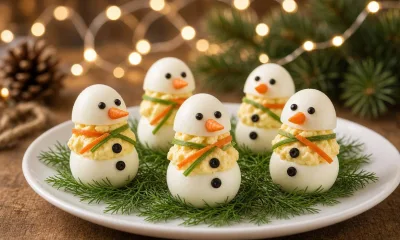 Никаких больше бутербродов с икрой: на стол ставлю «Снежную полянку» — забавные снеговички стоят парадом, глаз не отвести