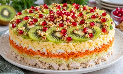 Не салат, а украшение стола: «Малахитовая шкатулка» с курицей, киви и морковью по-корейски