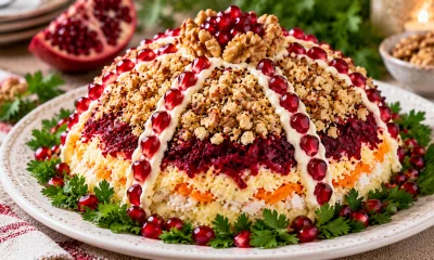 Собираю горкой и украшаю орехами: салат «Шапка Мономаха» — эффектная закуска без сложностей