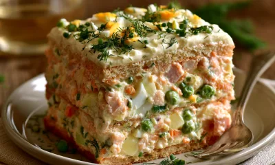 Закусочный торт «Оливье» на Новый год: тот же вкус, но наряднее и проще — гости просят добавки