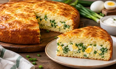 Заливаю тестом лук с яйцом — и достаю из духовки пирог с золотистой корочкой: вкусно так, что не оторваться