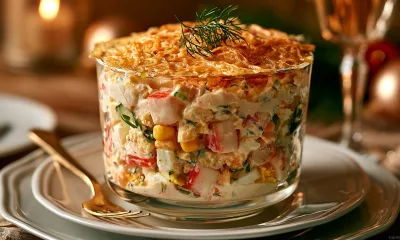 Салат «Золотая нить»: собирается за 20 минут, а вкуснее Мимозы. С крабовыми палочками и ажурной вуалью из пармезана